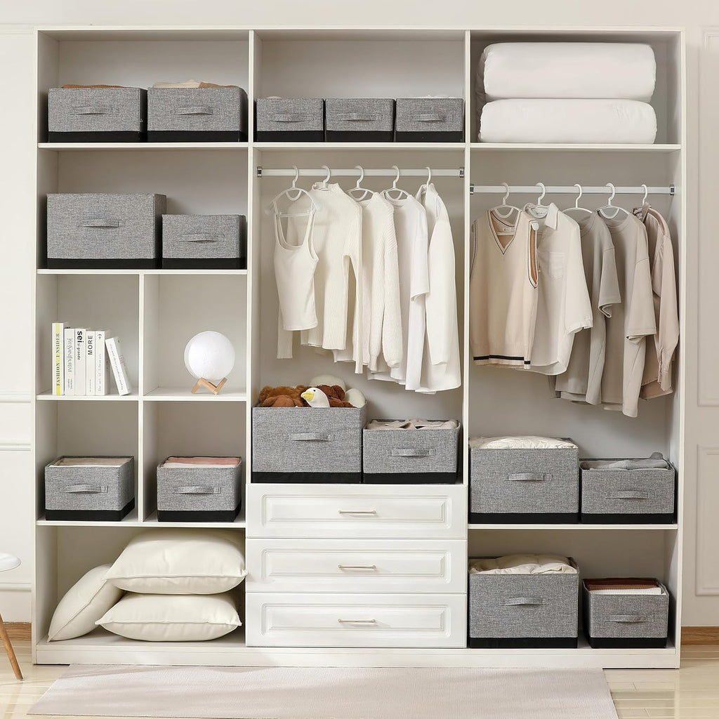 Linen Folding Storage Bins, 3 Pack Large Storage Baskets, Washable, Clothing Storage Bins with Handle, Closet Organizer for Storage Sweater,Sheets (gray black, 18½"x11"x8½")
