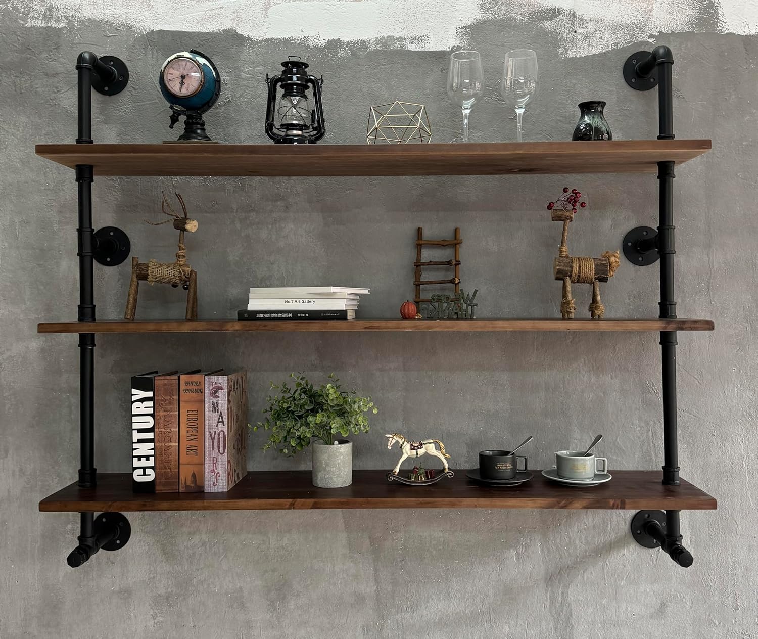 Industrial Pipe Wall Shelves Pipe Shelving with Real Wood Plank ,48 Inches Floating Shelves for Wall Farmhouse Pipe Book Shelves Dark Brown 3 Tier for Kitchen,Living Room Decor and Bar Shelving