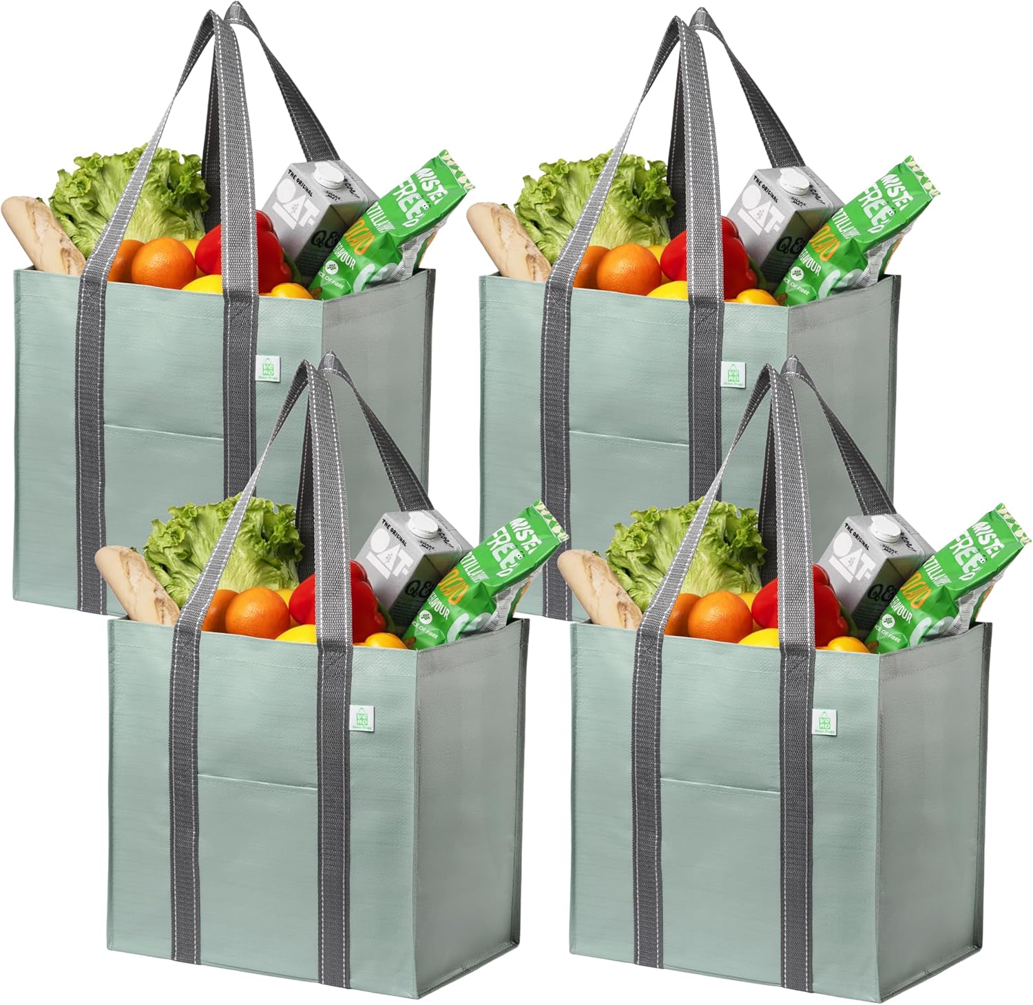 VENO 4 Pack Reusable Grocery Bags, Heavy-Duty Shopping Bags with Handles, Bags for Shopping Cart with Hard Bottom to Stand Upright, Foldable, Multi-Purpose(Light Green, 4 Pack)