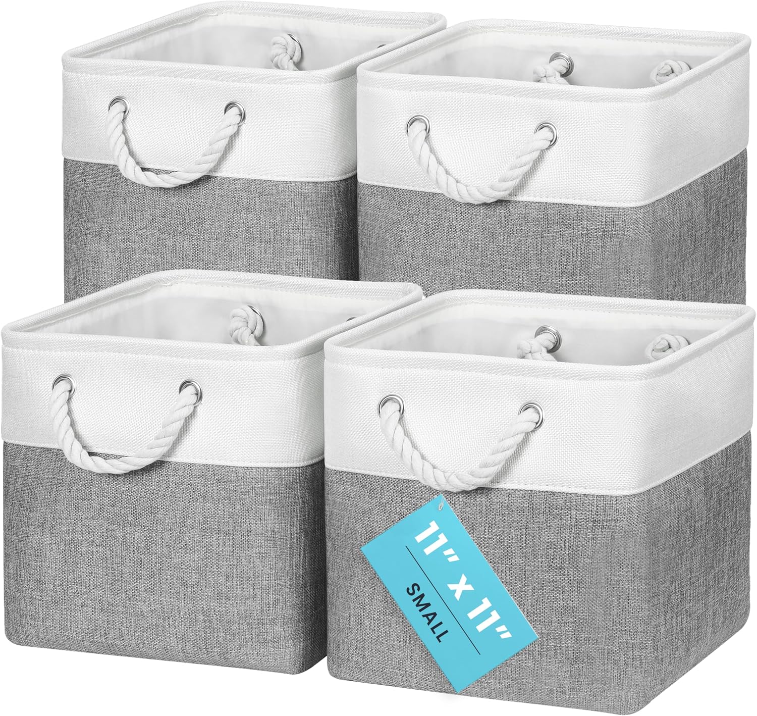 OrganiHaus 11x11 Cube Storage Bins 4 Pack, Foldable Cube Storage Organizer w/ Rope Handles, Collapsible Fabric Bins for Toys, Clothes & Closet Organization, Fabric Square Baskets - Gray/White