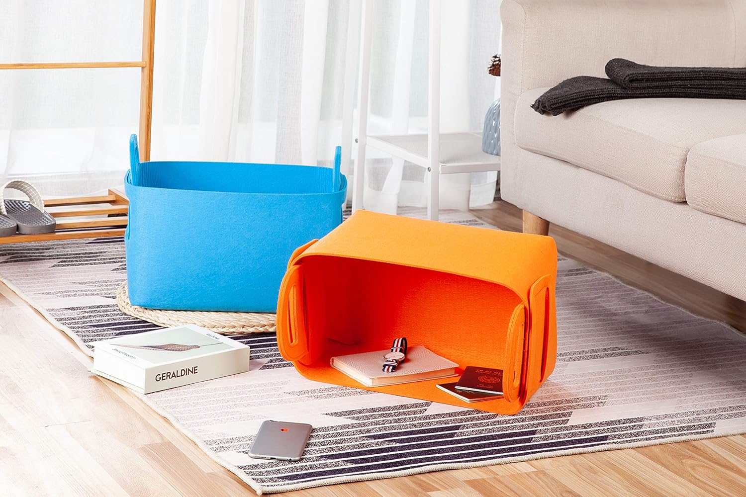 Minoisome Storage Basket Felt Storage Bin Collapsible& Convenient Box Organizer with Carry Handles for Office Bedroom Closet Babies Nursery Toys Laundry (Orange, 13.8inch（L）×9.5inch（W）×8.3inch（H）)