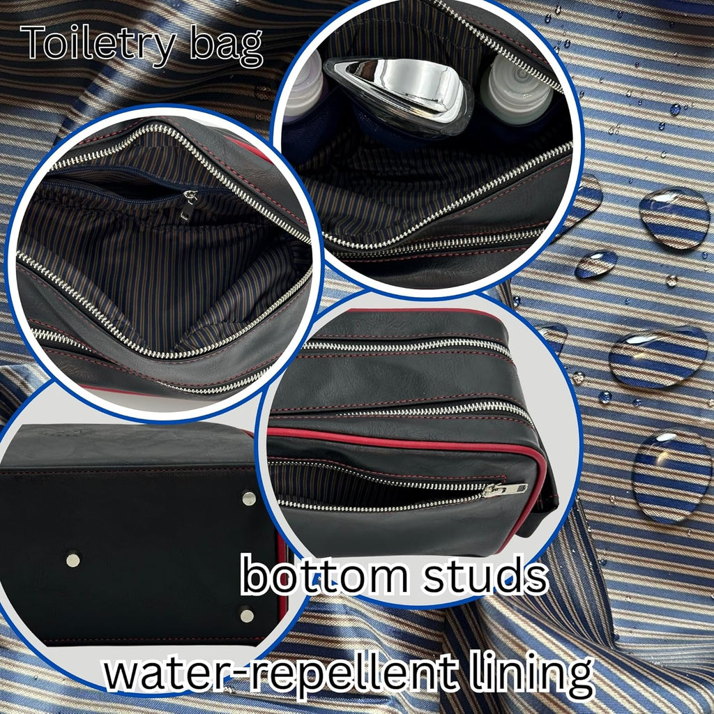 Dopp Gift Large Travel Toiletry Bag Premium Quality PU Leather Two compartments YKK Zippers Water-resistant Bottom Studs Mesh Pockets Durable Cosmetic Organizer BLACK/BURGUNDY