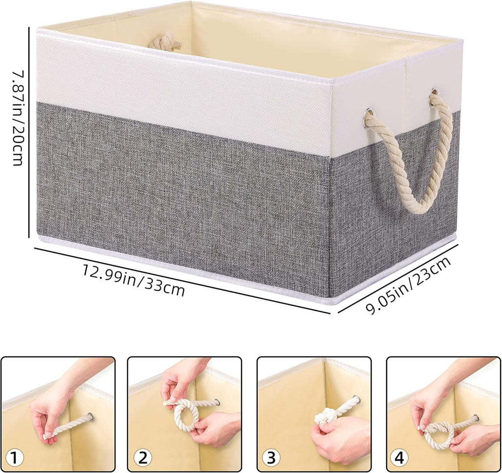 Yawinhe Foldable Storage Basket 5-Pack, Large Fabric Bins with Rope Handle, Used for Organizing Shelves, Closets, Clothes, 12.99''Lx9.05''Wx7.87''H, White/Grey