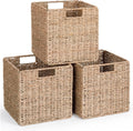 10.5 x 10.5in Cube Seagrass Storage Baskets, Foldable Square Wicker Storage Baskets for Shelves Set of 3, Large Cubby Rattan Basket, Collapsible Cube Storage Bins