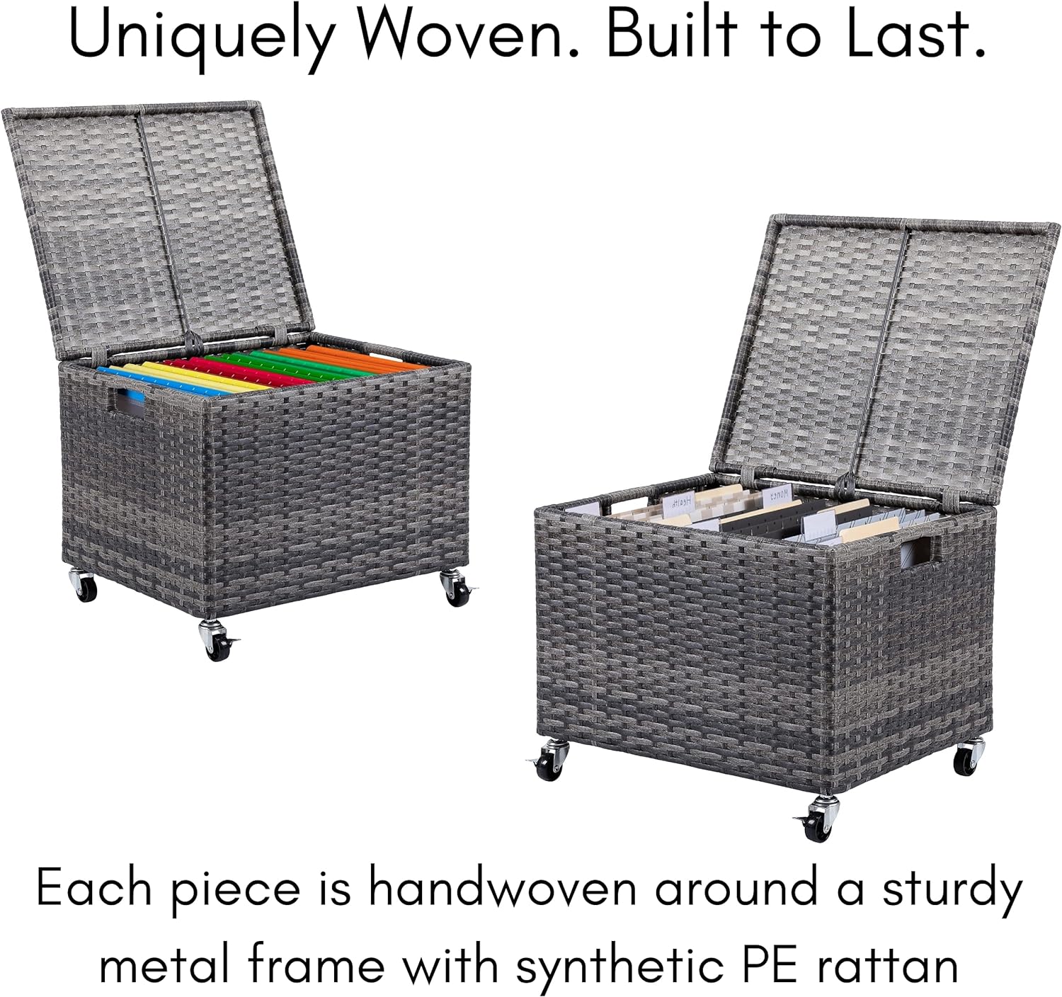 BIRDROCK HOME Rolling File Box - Storage Cabinet with Wheels - Weatherproof Rattan-Style Resin Deck Chest for Garden, Home and Office - Organize Cushions, Toys, and Accessories - Storage Box - Grey