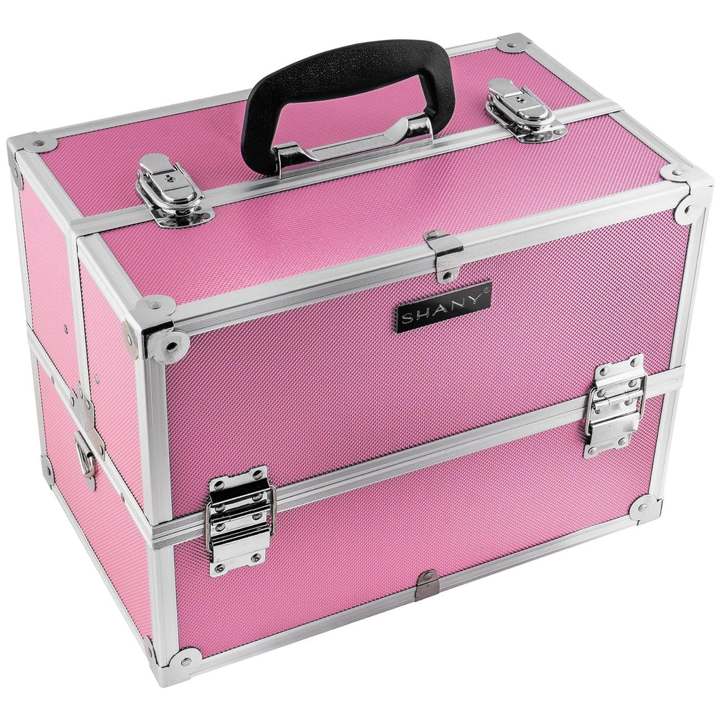 SHANY Essential Pro Makeup Train Case Cosmetic Box Portable Makeup Case Cosmetics Beauty Organizer Jewelry storage with Locks, Multi Compartments Makeup Box and Shoulder Strap - Pink