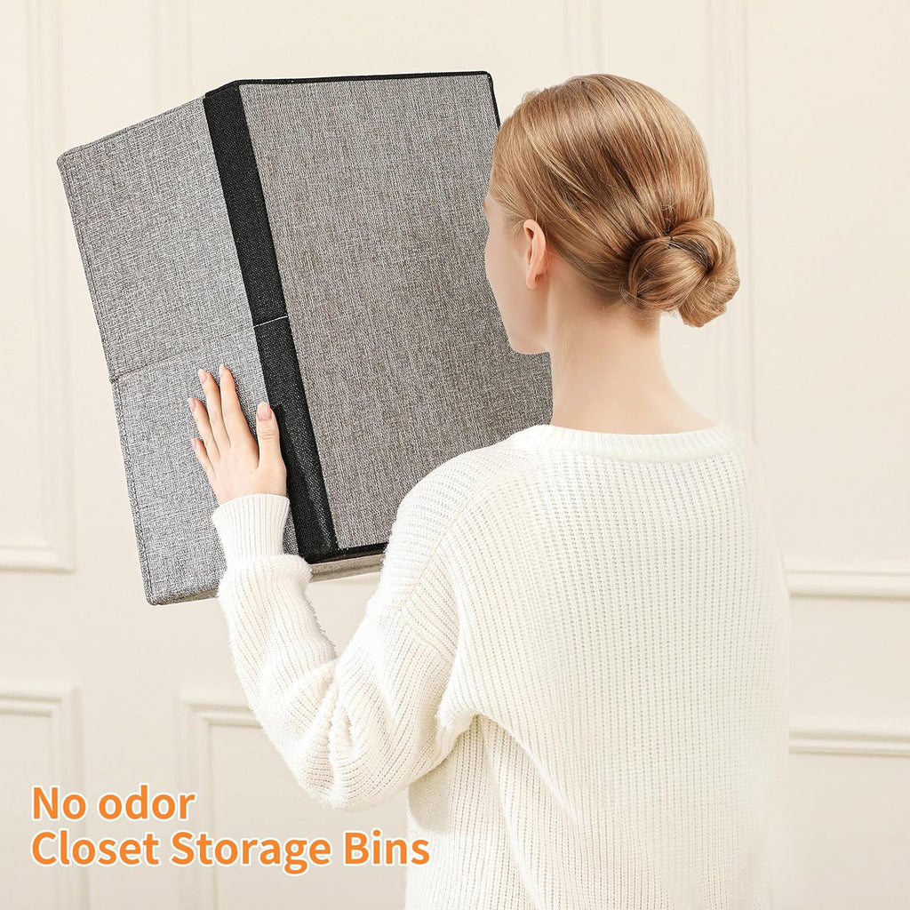 linen closet organizers and storage, 3 Pack Large Storage Baskets, Washable, Clothing Storage Bins with Handle, Closet Organizer for Storage Sweater,Sheets (gray black, 16"x9½"x6¾")