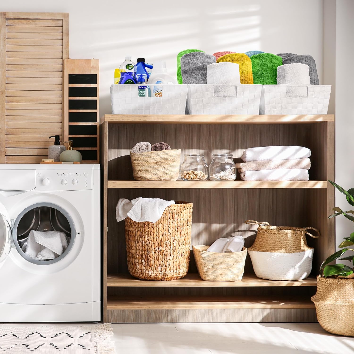 Sorbus Set of 3 Large Woven Storage Baskets – Mesh Hand-Woven Baskets for Organizing, Fabric Storage Bins for Linen Closet Organizer, Storage Baskets for Shelves and Home Organization (White)