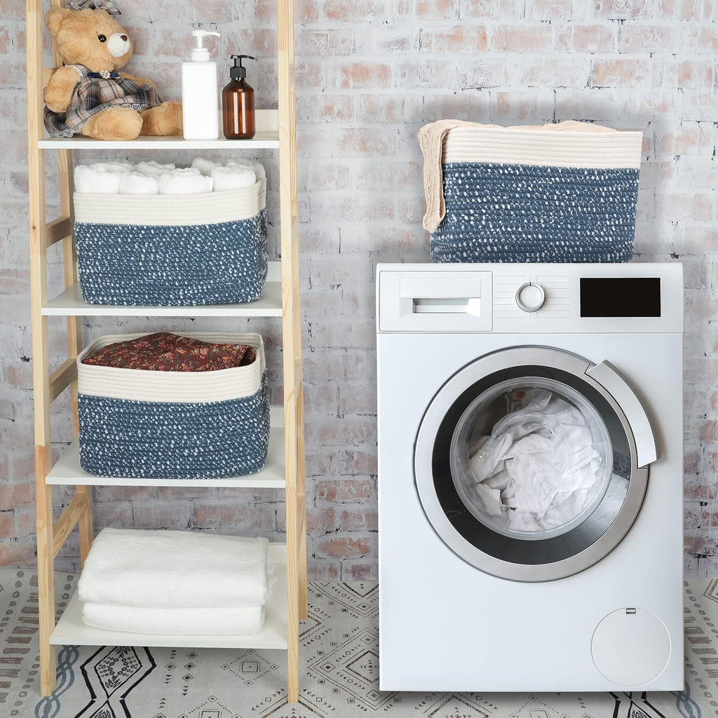White and Blue Cotton Rope storage Basket Bins Woven Basket for Organizing Shelves 15X10X9.3“ Rectangle Decorative Baskets For storage Books Towels Wicker Nursery basket organizer Set of 3