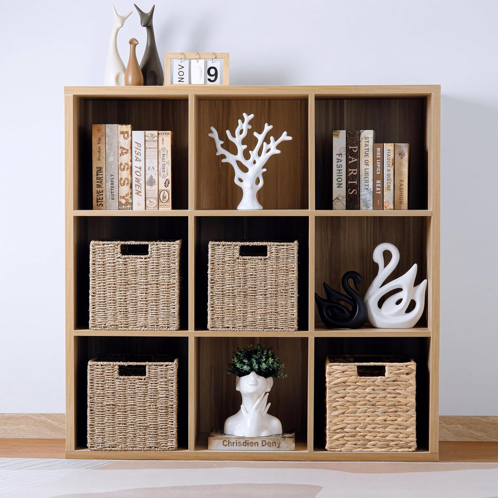 10.5 x 10.5in Cube Seagrass Storage Baskets, Foldable Square Wicker Storage Baskets for Shelves Set of 3, Large Cubby Rattan Basket, Collapsible Cube Storage Bins