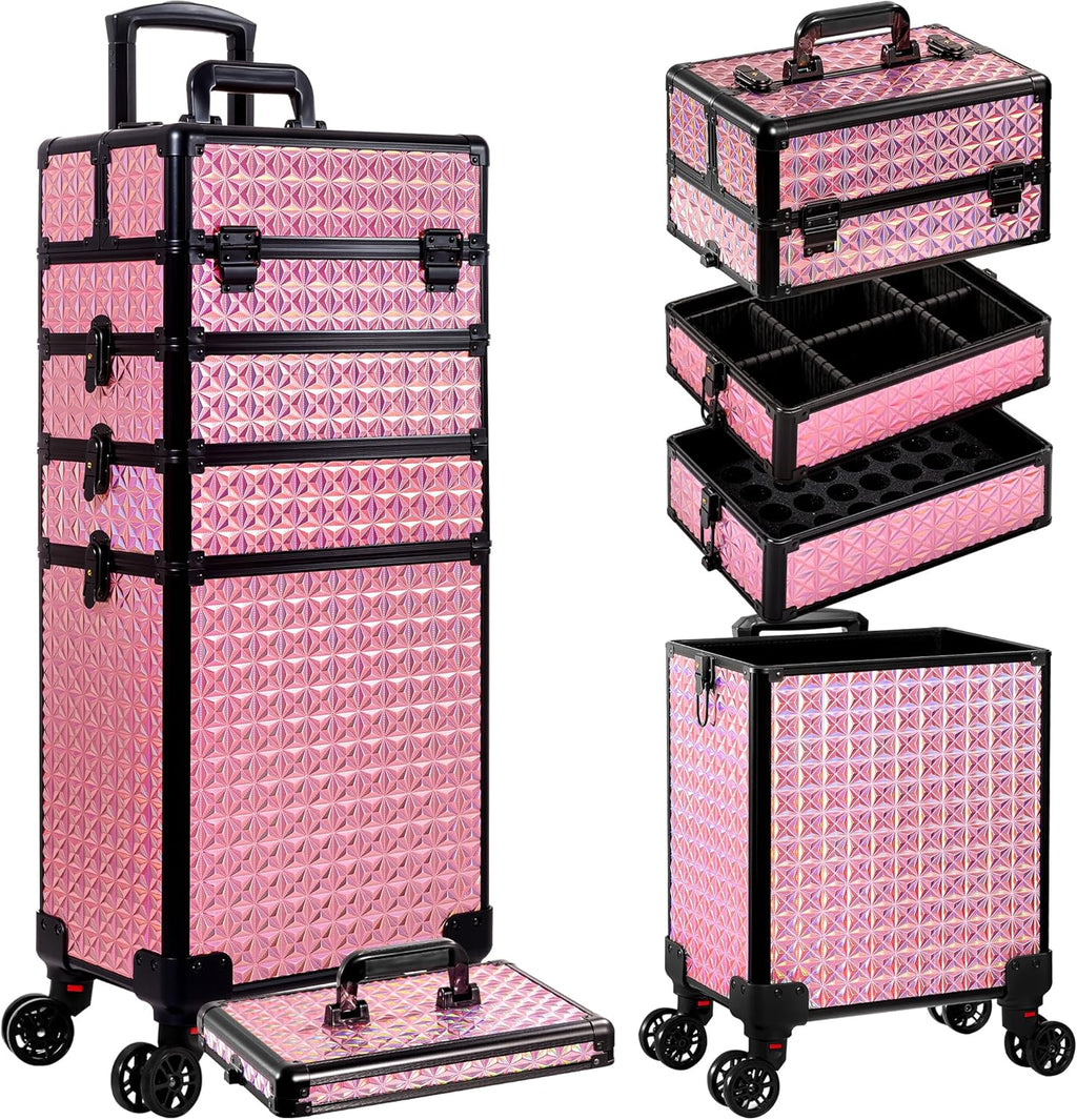 AROUS 5 in 1 Rolling Makeup Train Case Cosmetology Case on Wheels Large Cosmetic Organizer Travel Cart for Hairstylist Artist Nail Beauty Salon Barber,Pink