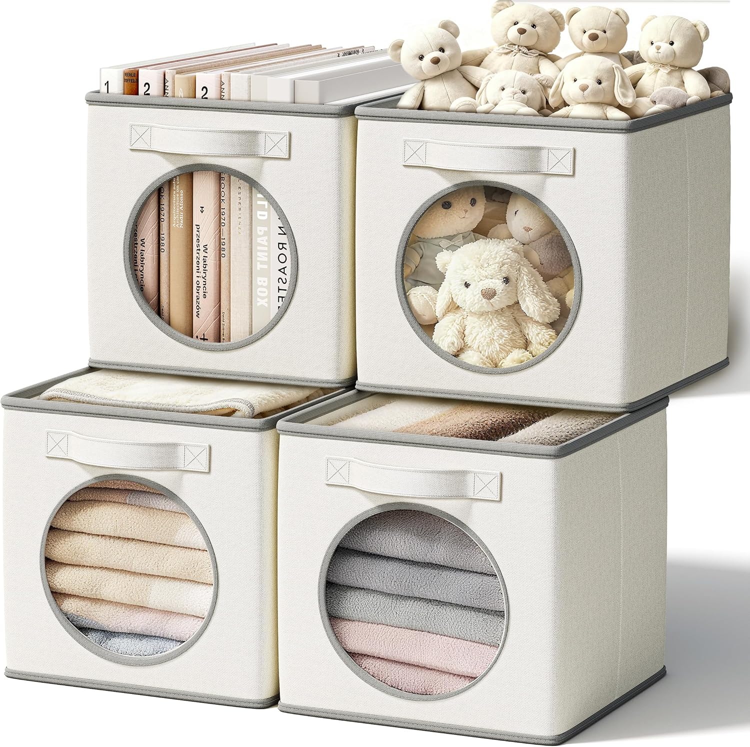 Vailando Foldable Fabric Storage Cube with Round Window - 4 Pack 11"x11"x11" Collapsible Closet Organizer Bins for Clothes, Shelves, Offices, Toys & Misc, White & Ivory