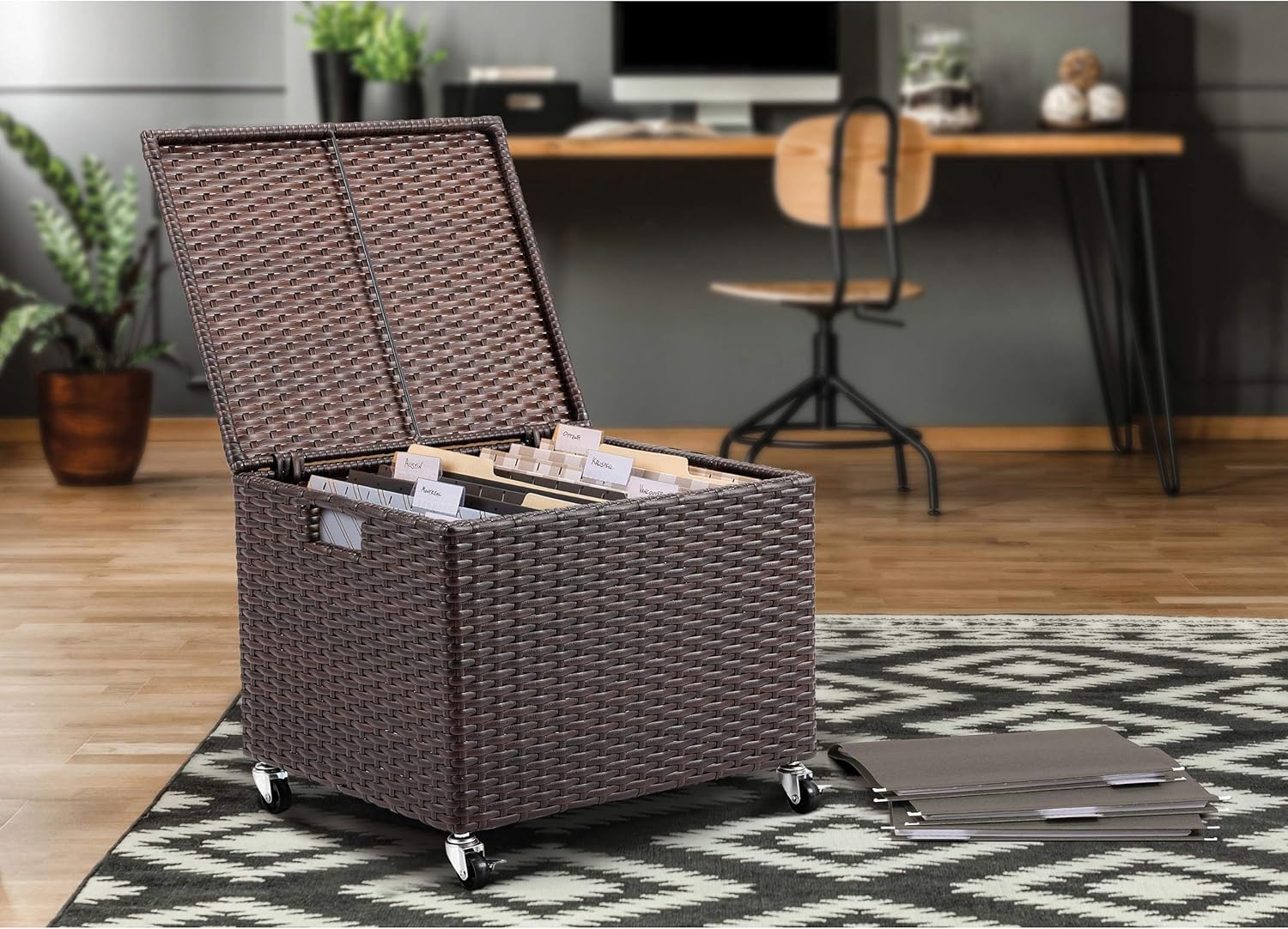 BIRDROCK HOME Rolling File Box - Storage Cabinet with Wheels - Weatherproof Rattan-Style Resin Deck Chest for Garden, Home Office - Organize Cushions, Toys, and Accessories - Storage Box - Espresso