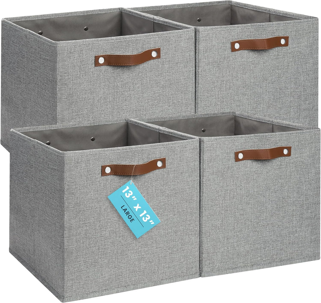OrganiHaus 13" x 13" x 13" Cube Fabric Storage Bins Set of 4, Canvas Storage Cubes w/ Vegan Handles, 13 inch Collapsible Bins for Kallax, Cubbies Organizer, 13x13 Basket for Decor - Grey