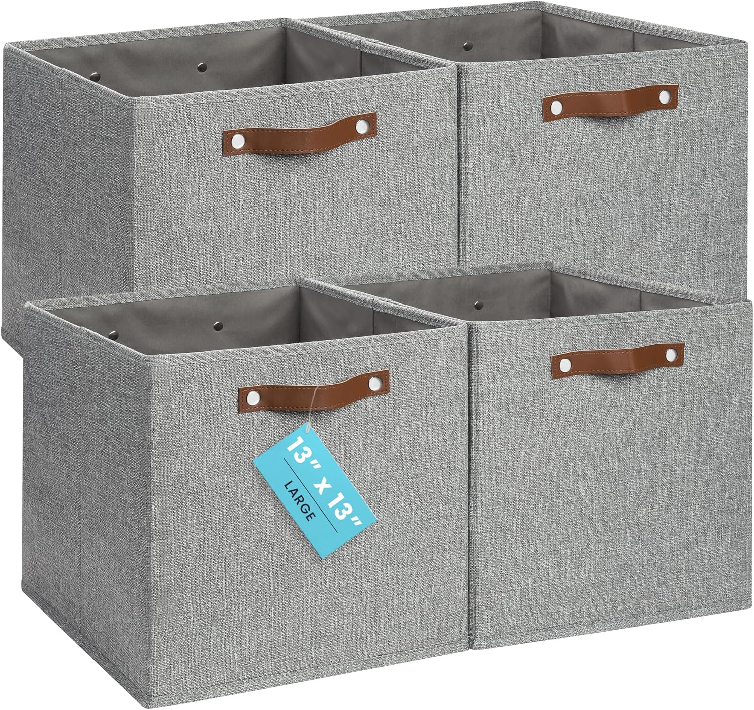 OrganiHaus 13" x 13" x 13" Cube Fabric Storage Bins Set of 4, Canvas Storage Cubes w/ Vegan Handles, 13 inch Collapsible Bins for Kallax, Cubbies Organizer, 13x13 Basket for Decor - Grey