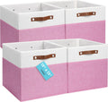 OrganiHaus 13" x 13" x 13" Cube Fabric Storage Bins Set of 4, Fabric Storage Cubes w/ Vegan Handles, 13 inch Collapsible Bins for Clothes & Toy Organizer, 13x13 Basket for Decor - Pink/White