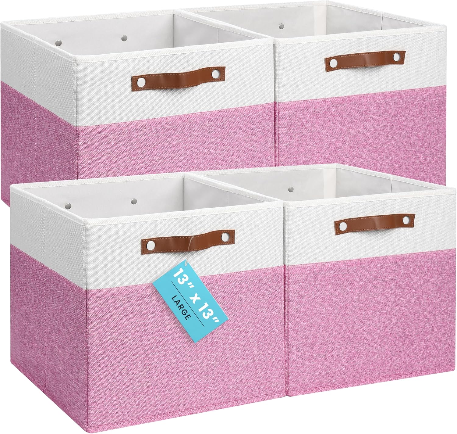 OrganiHaus 13" x 13" x 13" Cube Fabric Storage Bins Set of 4, Fabric Storage Cubes w/ Vegan Handles, 13 inch Collapsible Bins for Clothes & Toy Organizer, 13x13 Basket for Decor - Pink/White
