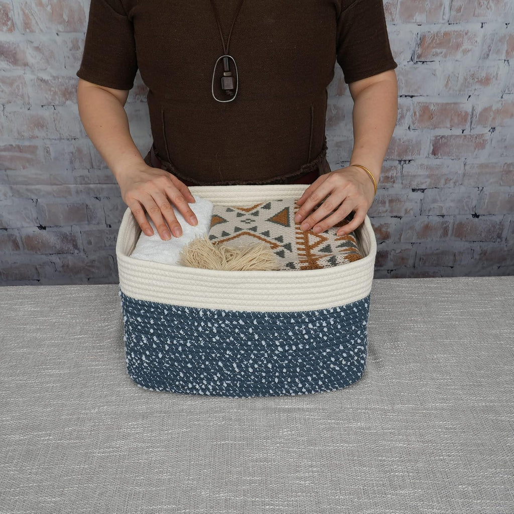 White and Blue Cotton Rope storage Basket Bins Woven Basket for Organizing Shelves 15X10X9.3“ Rectangle Decorative Baskets For storage Books Towels Wicker Nursery basket organizer Set of 3