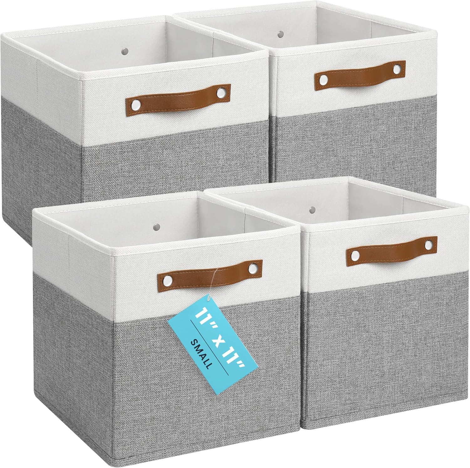 OrganiHaus 11" x 11" x 11" Fabric Cube Storage Bins Set of 4, Foldable Collapsible Canvas Storage Bins for Organizer, 11 inch Cubbies Organizer for Kallax, Linen Cube Shelf Baskets - Grey/White