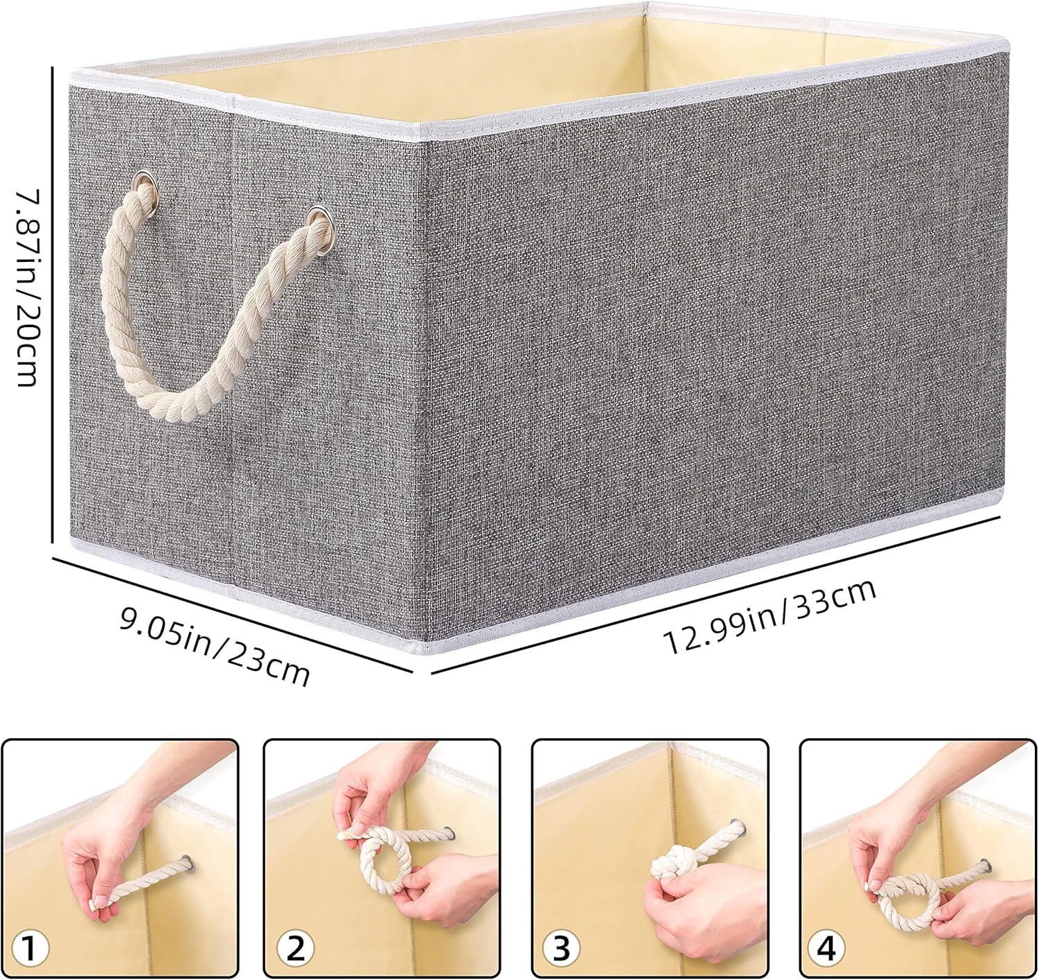 Yawinhe Foldable Storage Basket 3-Pack, Large Fabric Bins with Rope Handle, Used for Organizing Shelves, Closets, Clothes, 12.99''Lx9.05''Wx7.87''H, Grey