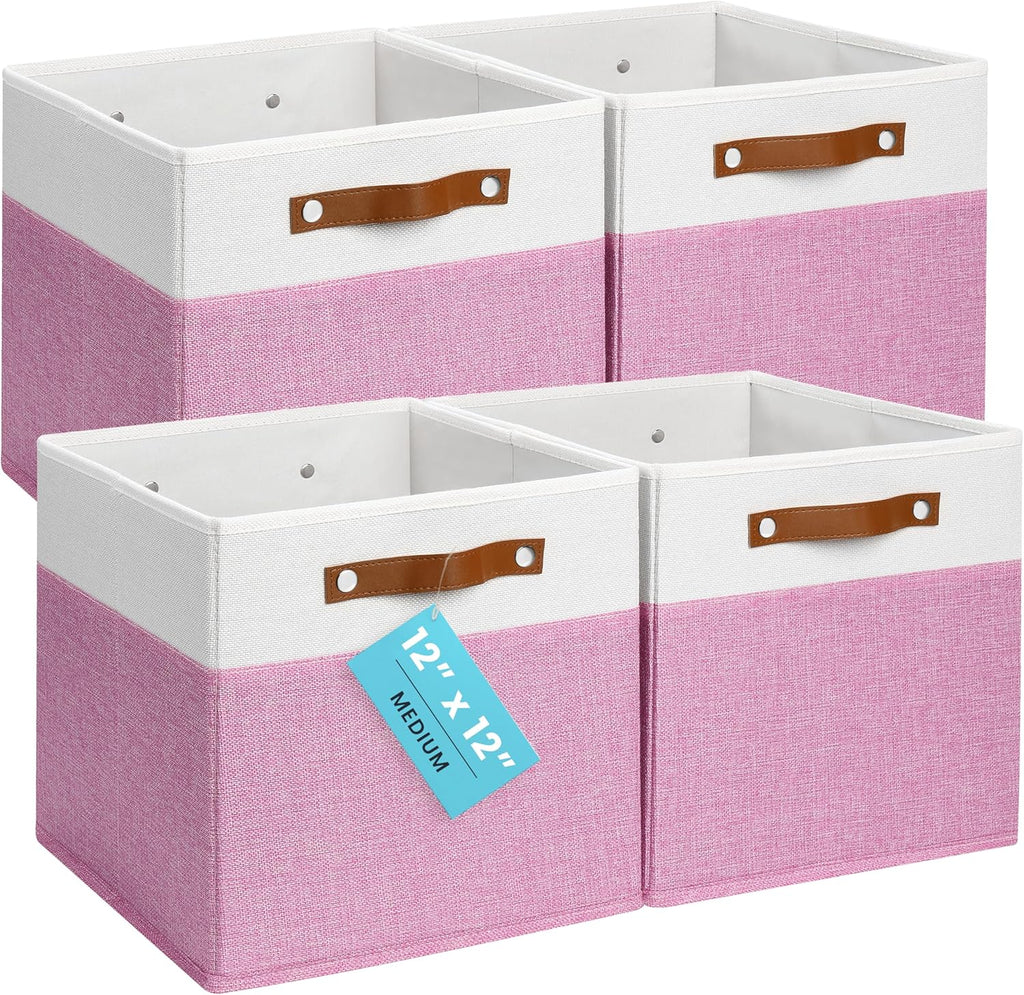 OrganiHaus 12" x 12" x 12" Fabric Cube Storage Bins - Set of 4, Cube Fabric Organizer Bins with Vegan Handles, Kallax Storage Cubes, 12 Inch Cubic Baskets for Shelves - Pink/White
