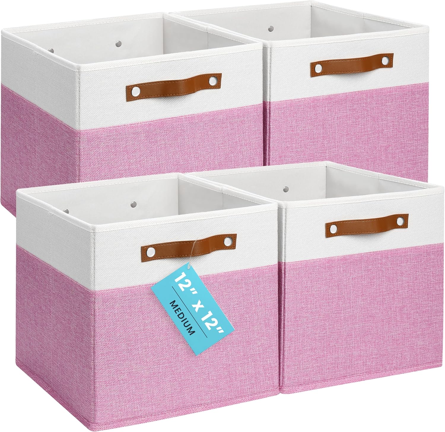 OrganiHaus 12" x 12" x 12" Fabric Cube Storage Bins - Set of 4, Cube Fabric Organizer Bins with Vegan Handles, Kallax Storage Cubes, 12 Inch Cubic Baskets for Shelves - Pink/White