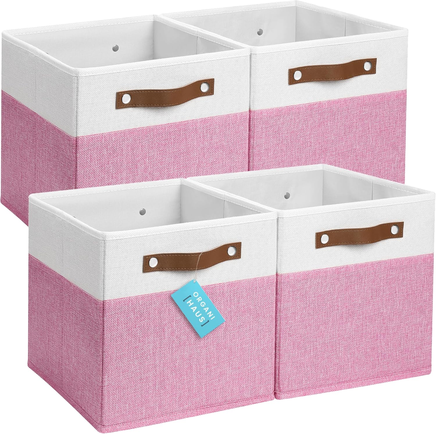 OrganiHaus 11" x 11" x 11" Fabric Cubes Storage Bins Set of 4, Foldable Collapsible Canvas Storage Bins for Organizer, Toy Organizer for Kallax, 11 Inch Linen Cube Shelf Baskets - Pink/White