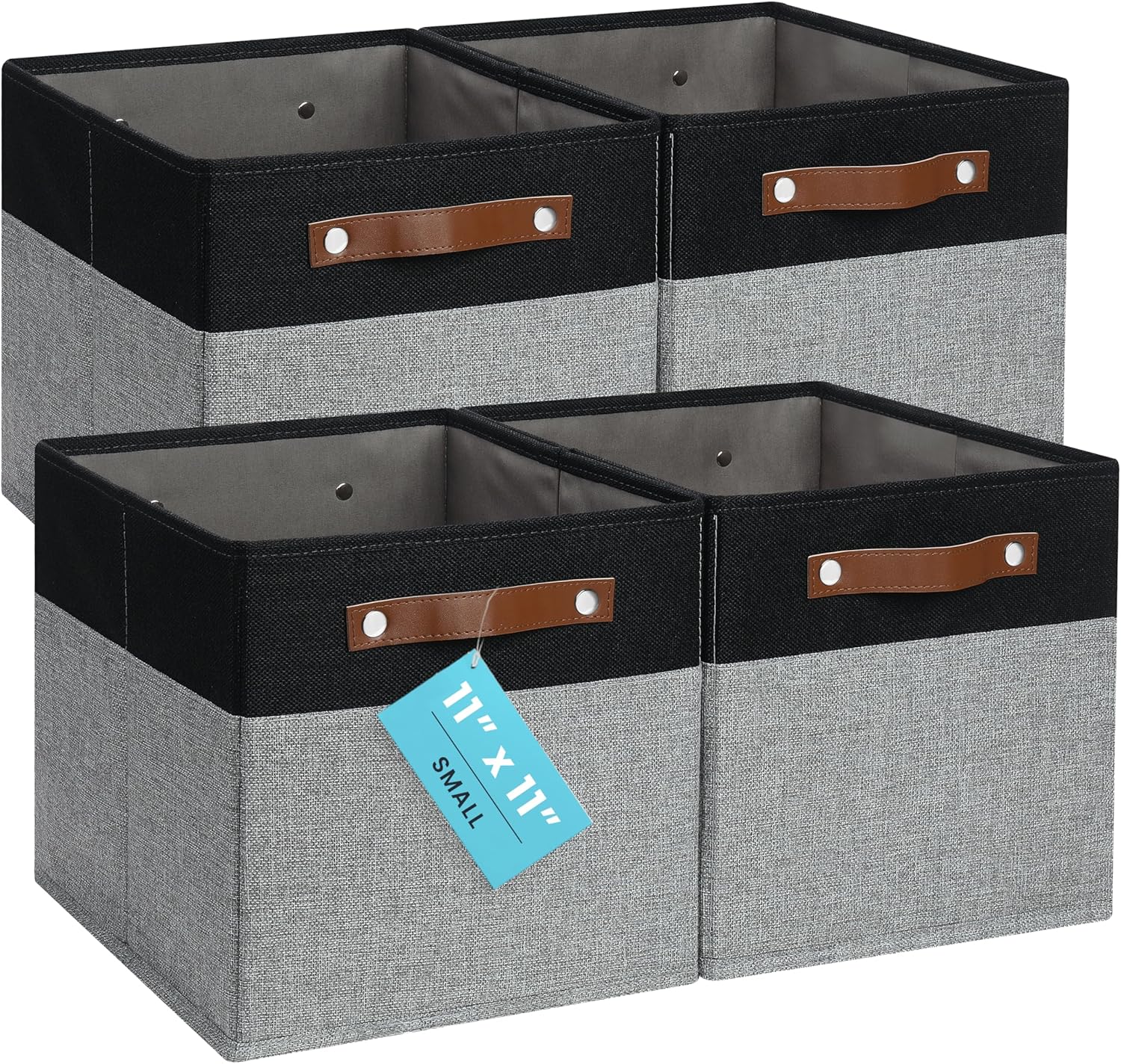 OrganiHaus 11" x 11" x 11" Fabric Cube Storage Bins - Set of 4, Canvas Cubby Bins with Vegan Handles, Square Storage Cubes, Kallax Storage Cubes, 11 Inch Cubic Baskets for Shelves in Gray/Black