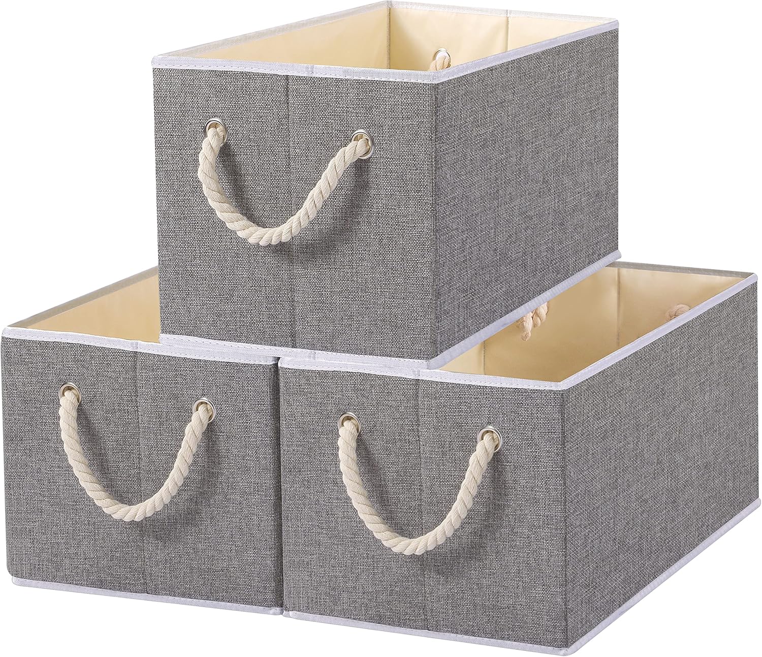 Yawinhe Foldable Storage Basket 3-Pack, Large Fabric Bins with Rope Handle, Used for Organizing Shelves, Closets, Clothes, 12.99''Lx9.05''Wx7.87''H, Grey
