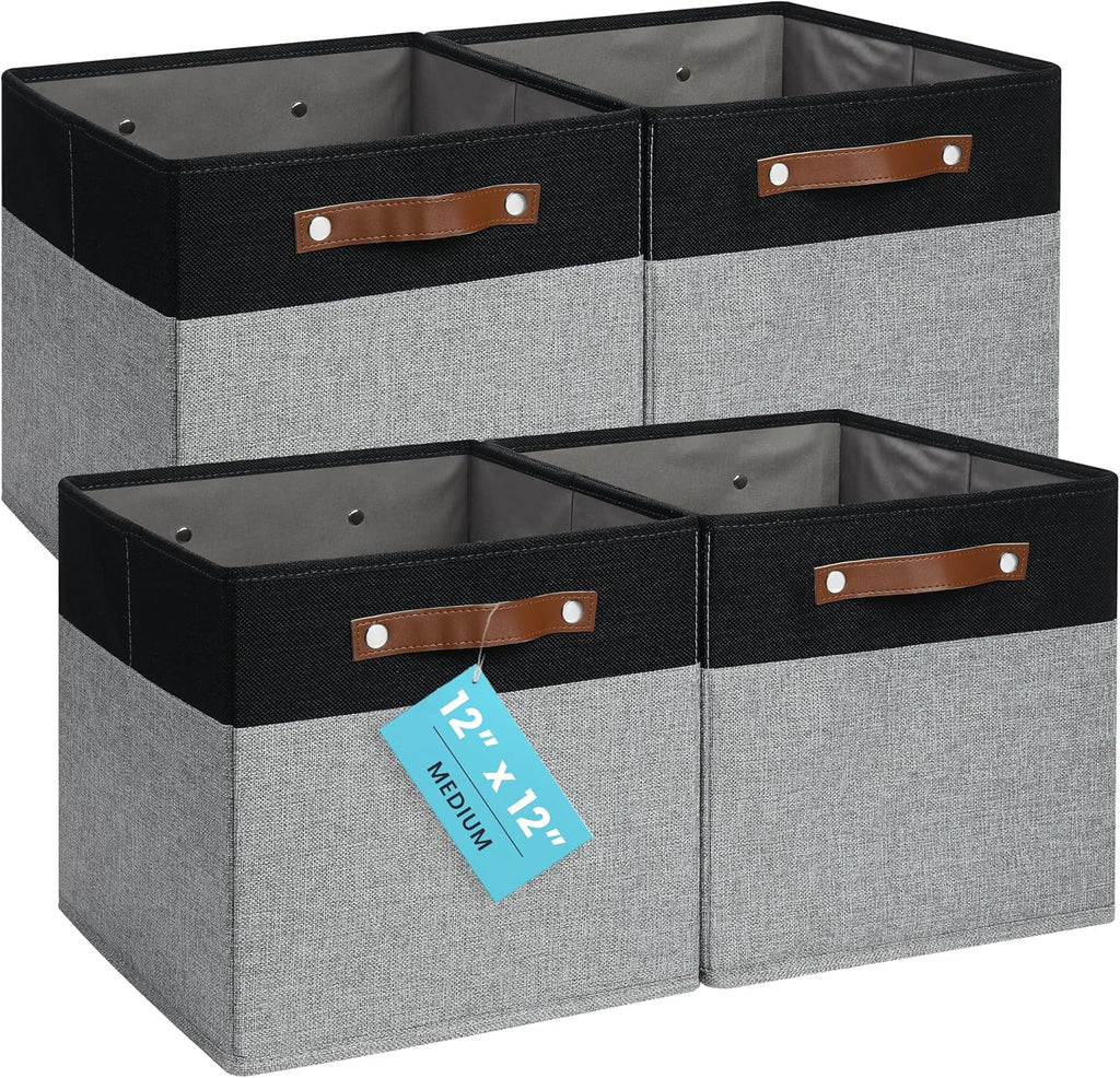 OrganiHaus 12" x 12" x 12" Fabric Storage Bins - Set of 4, Cube Canvas Organizer Bins with Vegan Handles, Kallax Storage Cubes, Cubbies Organizer Boxes, 12 Inch Cubic Baskets for Shelves - Grey/Black