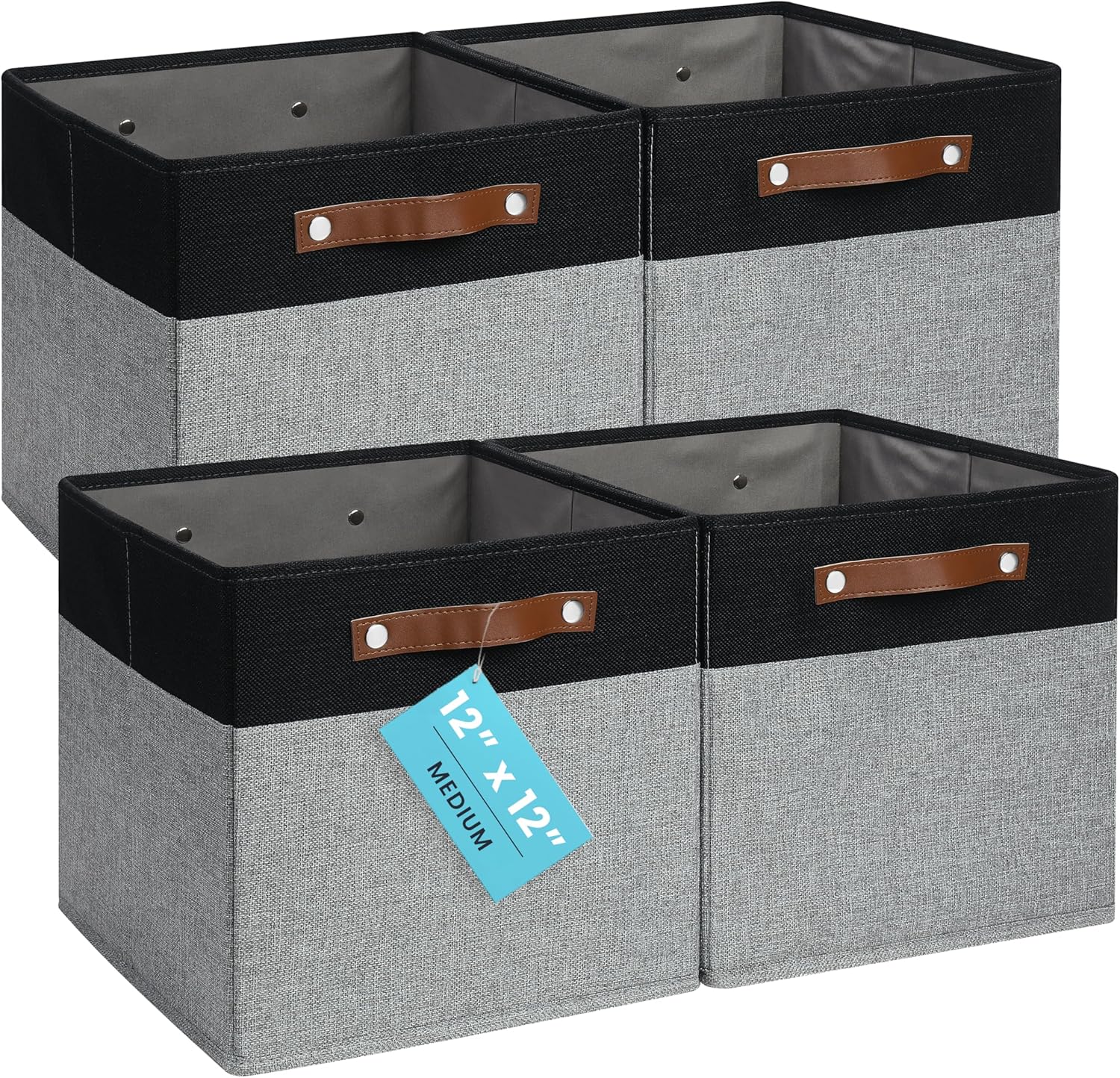 OrganiHaus 12" x 12" x 12" Fabric Storage Bins - Set of 4, Cube Canvas Organizer Bins with Vegan Handles, Kallax Storage Cubes, Cubbies Organizer Boxes, 12 Inch Cubic Baskets for Shelves - Grey/Black