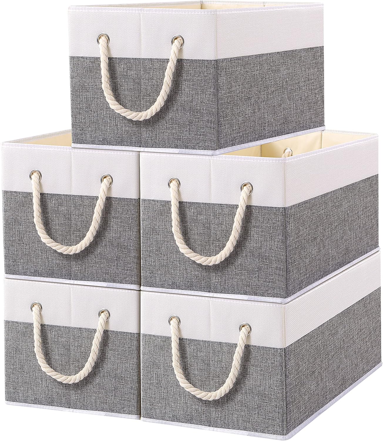 Yawinhe Foldable Storage Basket 5-Pack, Large Fabric Bins with Rope Handle, Used for Organizing Shelves, Closets, Clothes, 12.99''Lx9.05''Wx7.87''H, White/Grey