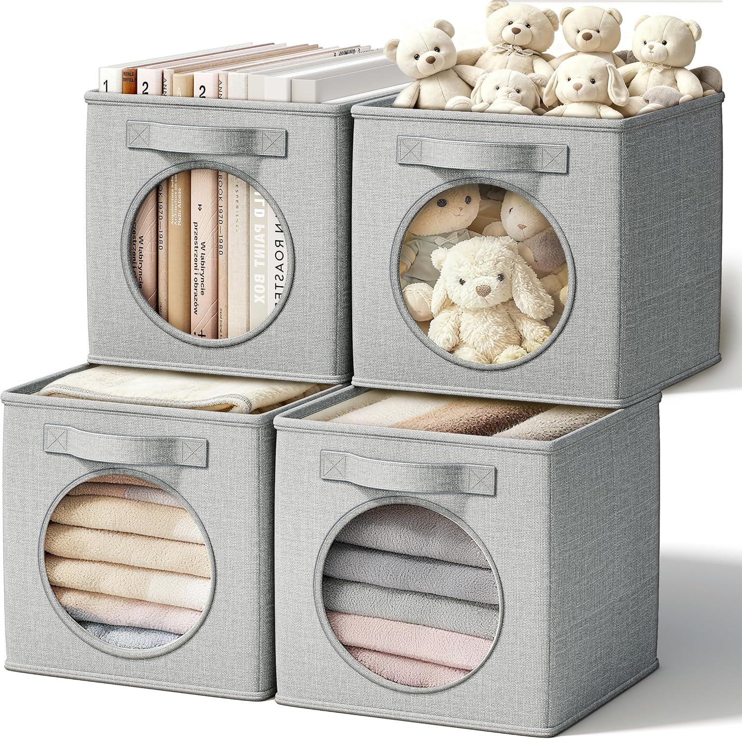 Vailando Foldable Fabric Storage Cube with Round Window - 4 Pack 11"x11"x11" Collapsible Closet Organizer Bins for Clothes, Shelves, Offices, Toys & Misc, Light Gray