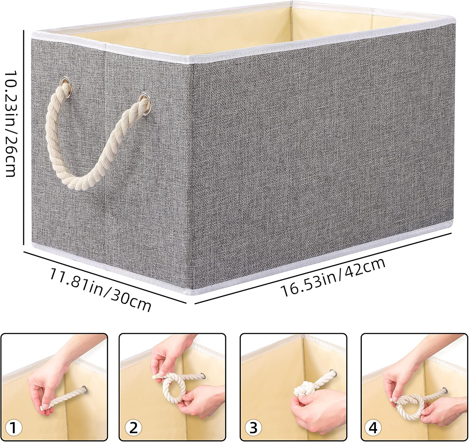 Yawinhe Collapsible Storage Bins 3-Pack, Large Fabric Baskets with Rope Handle, Organizers for Shelves, Closets, Clothes, 16.53''Lx11.81''Wx10.23''H, Grey