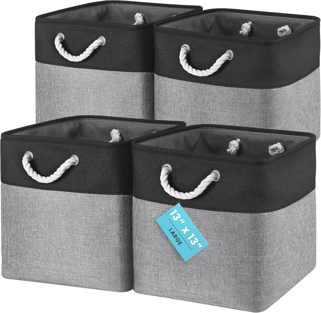 OrganiHaus 13x13 Cube Storage Bins 4 Pack, Foldable Cube Storage Organizer w/ Rope Handles, Collapsible Fabric Bins for Toys, Clothes & Closet Organization, Fabric Square Baskets - Gray/Black