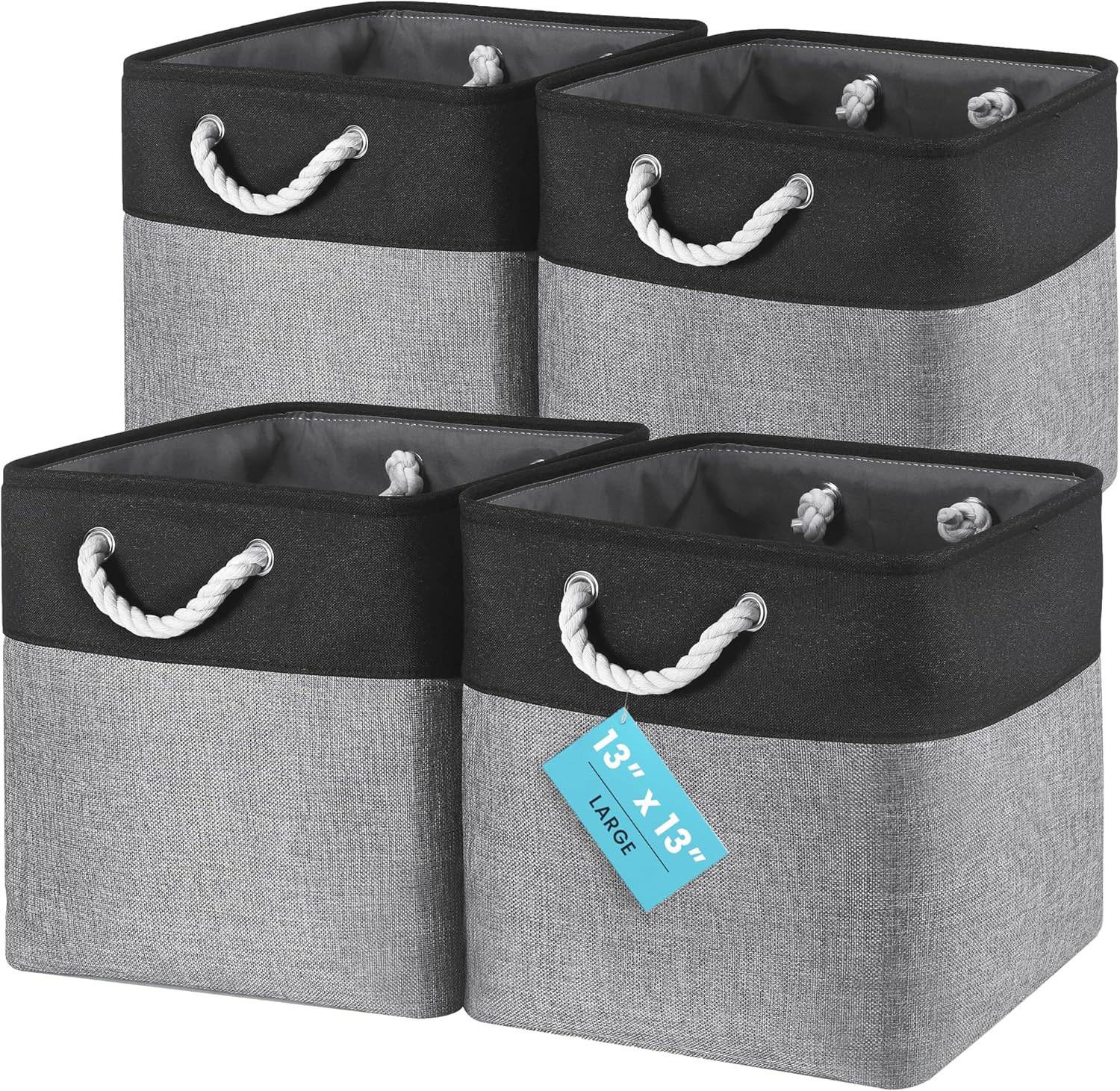 OrganiHaus 13x13 Cube Storage Bins 4 Pack, Foldable Cube Storage Organizer w/ Rope Handles, Collapsible Fabric Bins for Toys, Clothes & Closet Organization, Fabric Square Baskets - Gray/Black