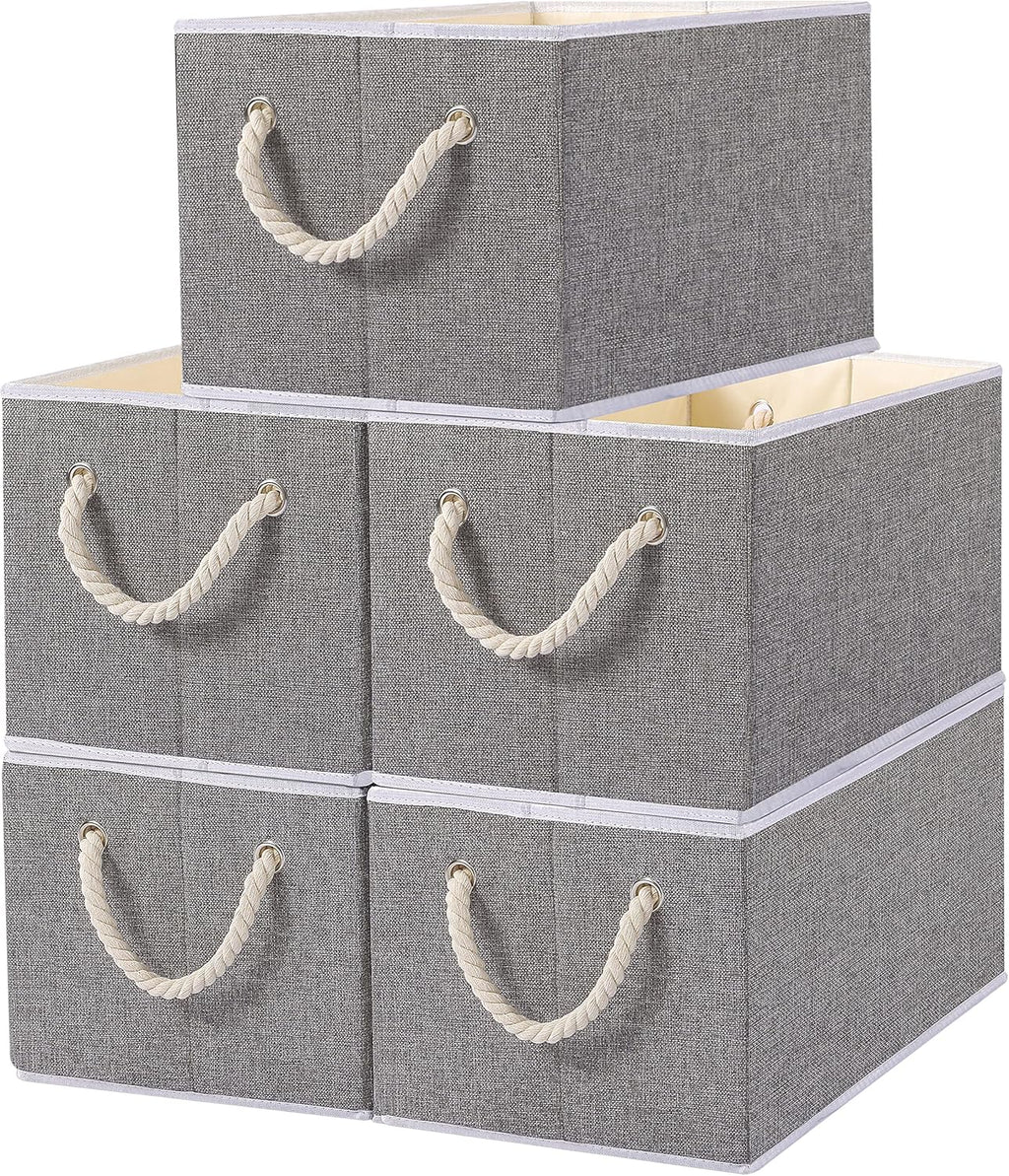 Yawinhe Foldable Storage Basket 5-Pack, Large Fabric Bins with Rope Handle, Used for Organizing Shelves, Closets, Clothes, 12.99''Lx9.05''Wx7.87''H, Grey