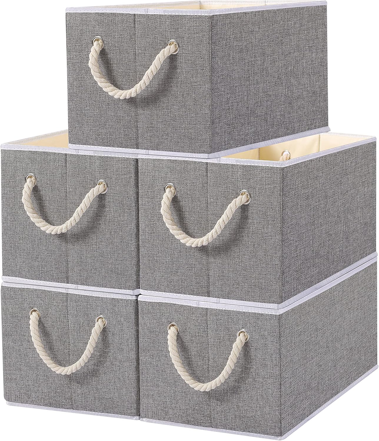 Yawinhe Foldable Storage Basket 5-Pack, Large Fabric Bins with Rope Handle, Used for Organizing Shelves, Closets, Clothes, 12.99''Lx9.05''Wx7.87''H, Grey